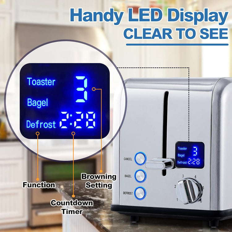 2 Slice Stainless Steel Toaster with Digital LED Display