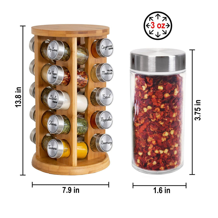 20 Jar Rotating Bamboo Spice Rack with Spices Included & 5