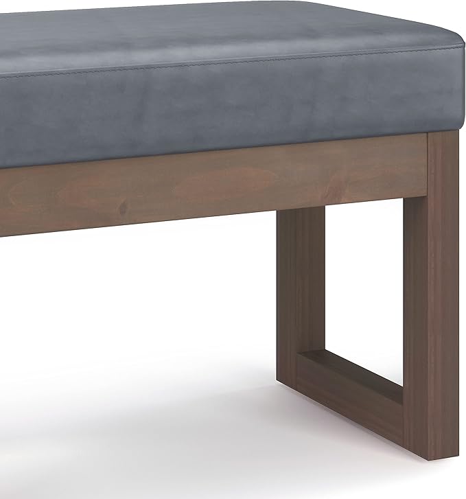 SIMPLIHOME Milltown Small Ottoman Bench - 27 inch Wide Upholstered Vegan Leather Rectangle Footstool Ottoman in Stone Grey, Contemporary Bench for Bedroom or Entryway with Cushioned Seat, Assembled