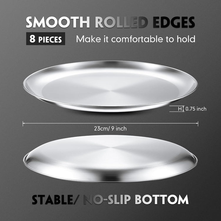 Thenshop 8 Pieces 9 Inch Pizza Pans Bulk Stainless Steel Sets Round Bakeware Pizza Trays for Oven Kitchen Baking Home Restaurant Safe Sturdy Reusable Easy Clean(Silver)