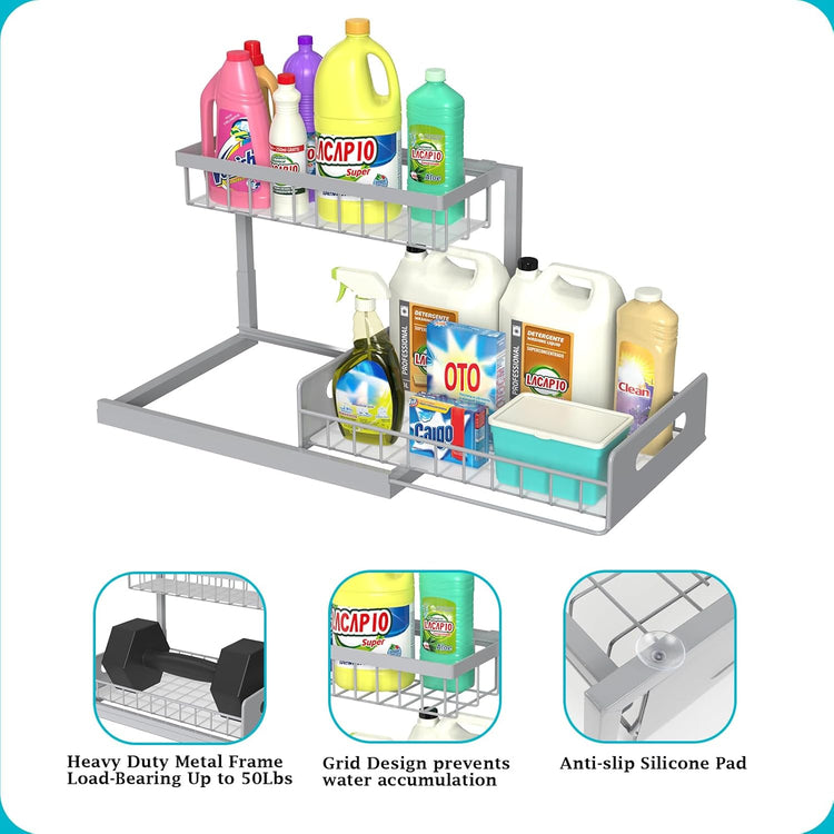 REALINN Under Sink Organizer, Pull Out Cabinet Organizer 2 Tier Slide Out Sink Shelf Cabinet Storage Shelves, Storage for Kitchen Bathroom, Grey, 2 Pack