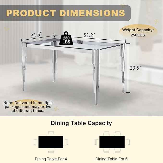 51'' Modern Glass Dining Table for 4 People,Tempered Glass Top Dining Room Table with Stainless Steel Base, Glass and Silver Dining Table for 4, Rectangle Dining Kitchen Table for Dinner
