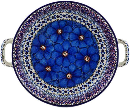 Polmedia Polish Pottery Round Baker with Handles 10-inch UNIKAT - Cobalt Poppies Pattern Handmade in Boleslawiec Poland by Ceramika Artystyczna + Certificate of Authenticity
