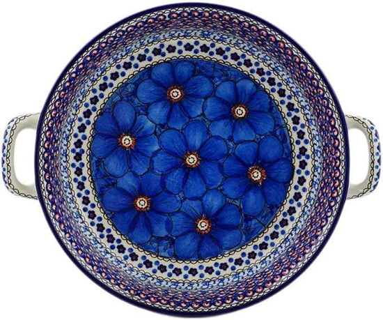 Polmedia Polish Pottery Round Baker with Handles 10-inch UNIKAT - Cobalt Poppies Pattern Handmade in Boleslawiec Poland by Ceramika Artystyczna + Certificate of Authenticity