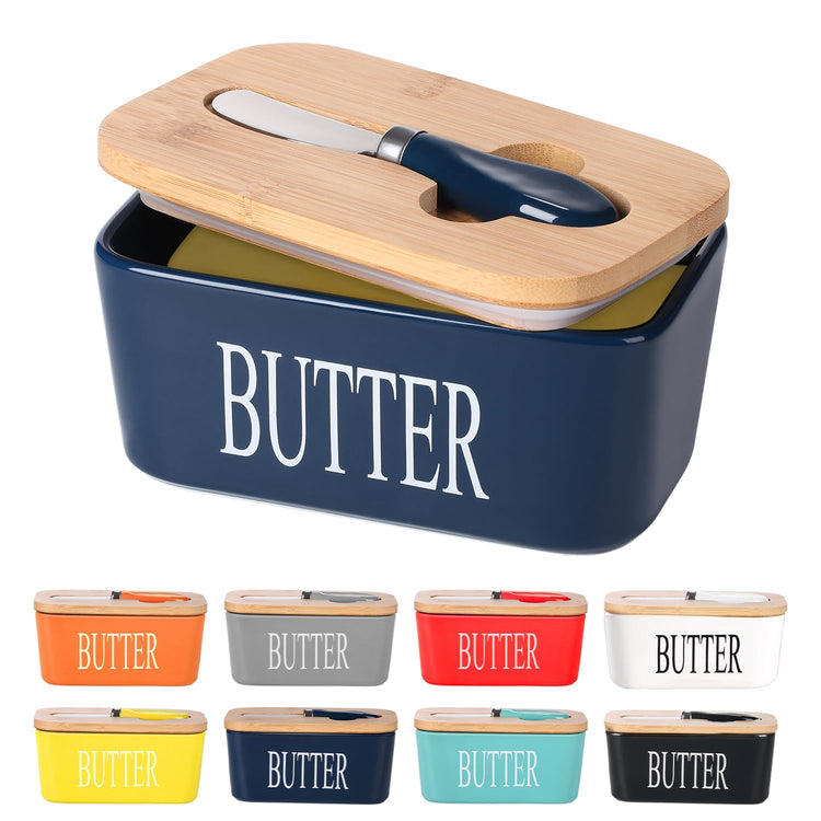 Ceramic Butter Dish with Bamboo Lid and Stainless Steel Knife Spreader