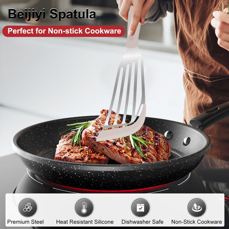 Beijiyi Silicone Fish Spatula Set, 2-Piece Heat Resistant Fish Turner Spatula for Non Stick Frying Pan, Flexible Kitchen Cooking Utensils, Slotted Egg Flipper, Large 12.3 In, Small 10.6 In, Khaki