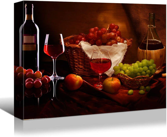 Looife Kitchen Still Life Canvas Wall Art, 24x18 Inch Gallery Wrapped Wine Cup with Grapes Picture Prints Wall Decor, Food Art Deco for Dining Room and Bar