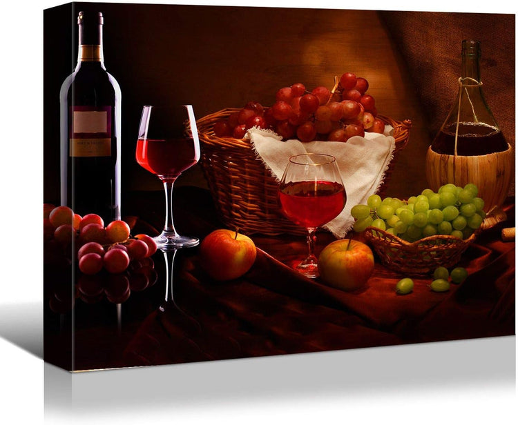Looife Kitchen Still Life Canvas Wall Art, 16x12 Inch Gallery Wrapped Wine Cup with Grapes Picture Prints Wall Decor, Food Art Deco for Dining Room and Bar