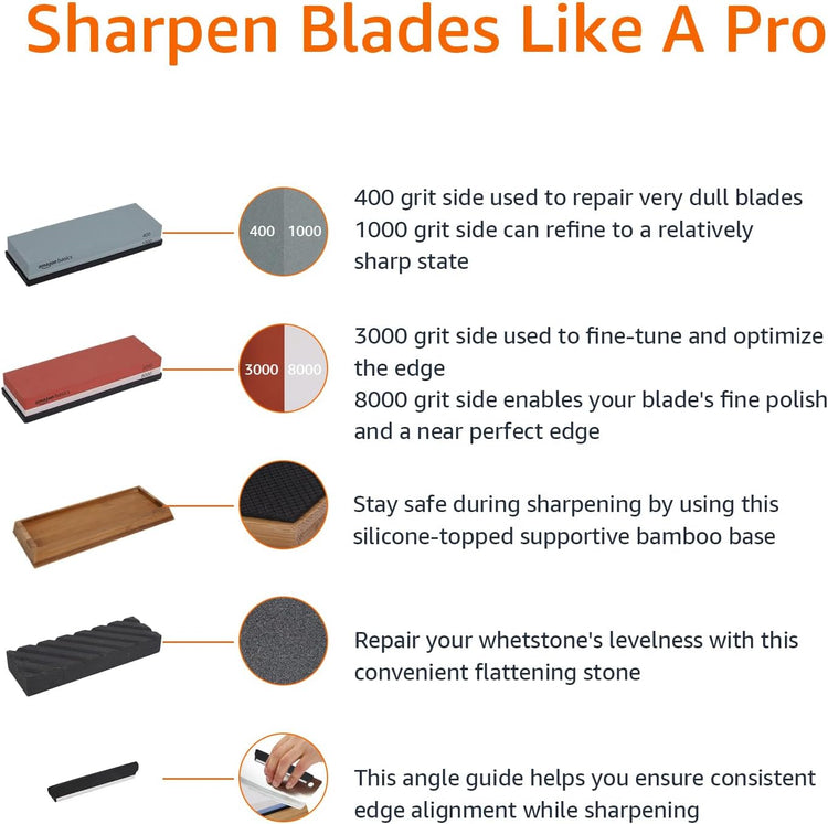 Amazon Basics Whetstone Knife Sharpening Wet Stone Dual Sided 400/1000 and 3000/8000 Grit Stones, Flattening Stone, and Non-Slip, Bamboo Base, 3 Count (Pack of 1), Black & Grey