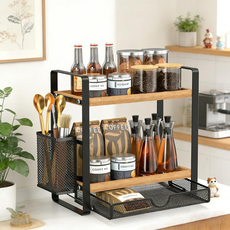 2 Tier Spice Rack Organizer for Countertop with Drawer and Basket