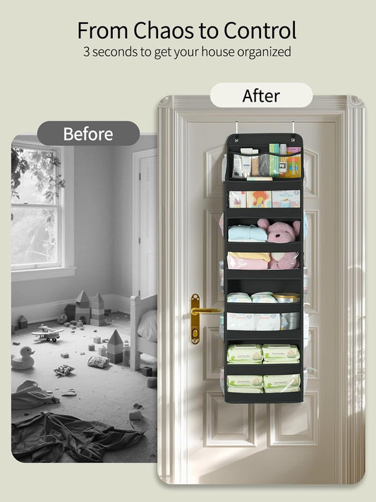 Yecaye 5 Tier 1Pc Over the Door Organizer, Swing-proof Door Organizer Hanging with Clear PVC Windows, Behind the Door Storage for Bedroom Nursery Closet Laundry Pantry Bathroom, Black