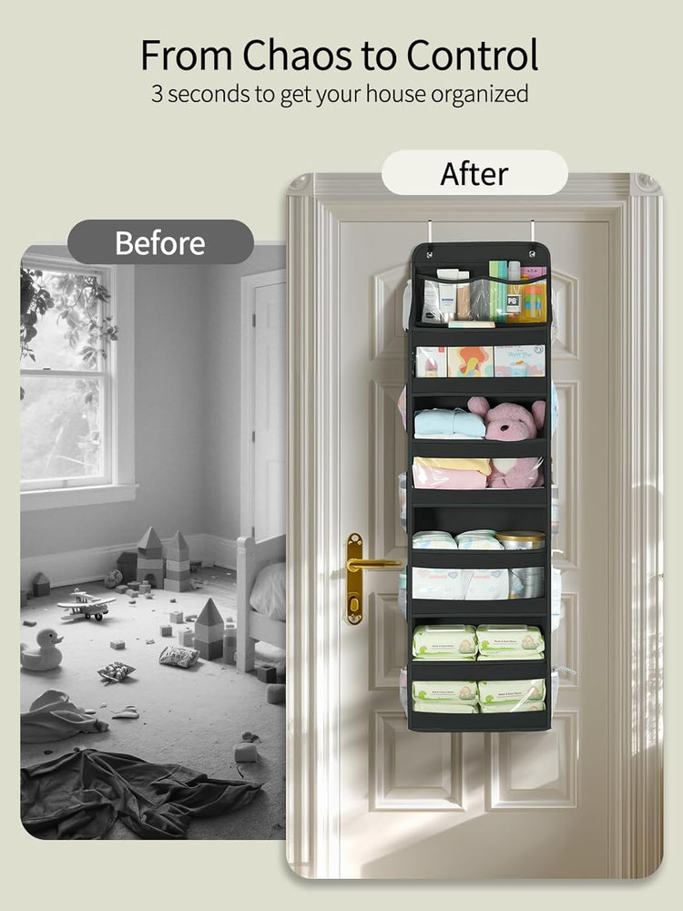 Yecaye 5 Tier 1Pc Over the Door Organizer, Swing-proof Door Organizer Hanging with Clear PVC Windows, Behind the Door Storage for Bedroom Nursery Closet Laundry Pantry Bathroom, Black