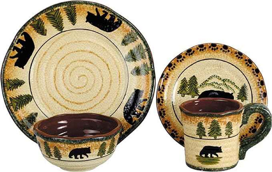 Paseo Road Rustic Bear 16 Piece Ceramic Dinnerware Set with Plates, Bowls and Mugs, Rustic Cabin Lodge Style