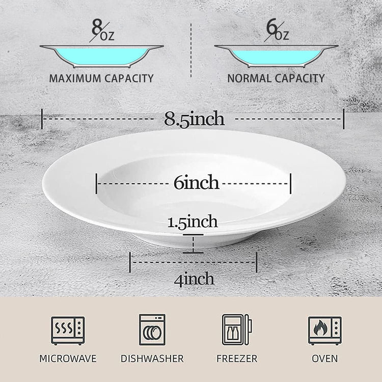 Artena 8 Ounces Pasta Bowls Set of 4, 8.5 inch Soup Bowls, Advanced Porcelain Salad Bowl, Wide Rim Pasta Plates, Shallow Bowls for Kitchen, Rimmed White Plates and Bowls Set, Microwave Oven Safe