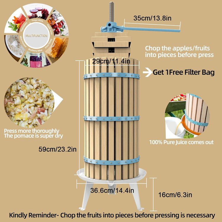 SQUEEZE master XL Fruit Apple Cider Wine Classic Press-Blue-7.9 Gallon/30L-Solid Wood Basket-Vintage traditional juicer-Pole Handle Bar for Juice,Wine,Cider-1 free filter bag included