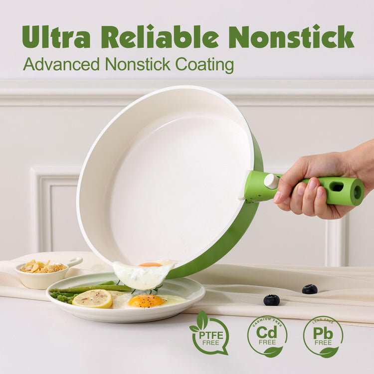 17 Piece Ceramic Detachable Handle Pots and Pans Set Green