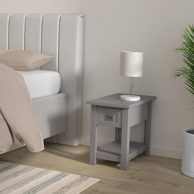 SIMPLIHOME Monroe Narrow Side Table – 14 inch Wide Solid Acacia Wood Narrow End Table in Farmhouse Grey, Rustic Contemporary Accent Table for Living Room with Drawer and Shelf
