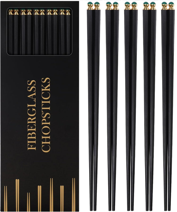GLAMFIELDS 5 Pairs Premium Chopsticks Reusable Dishwasher Safe 10.5 Inch Gift Set Hexagon Black Chop Sticks with the Green Tops