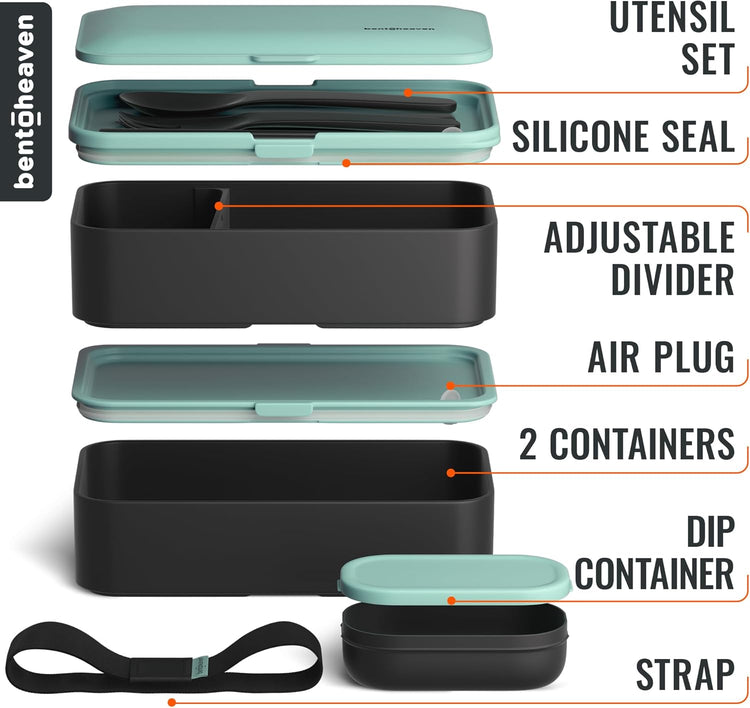 Bentoheaven Premium Bento Box Adult Lunch Box with Compartments for Women & Men, Set of Utensil & Chopsticks & Dip Container, Cute Japanese Kids Bento Lunch Box, Microwavable (Billie Green)