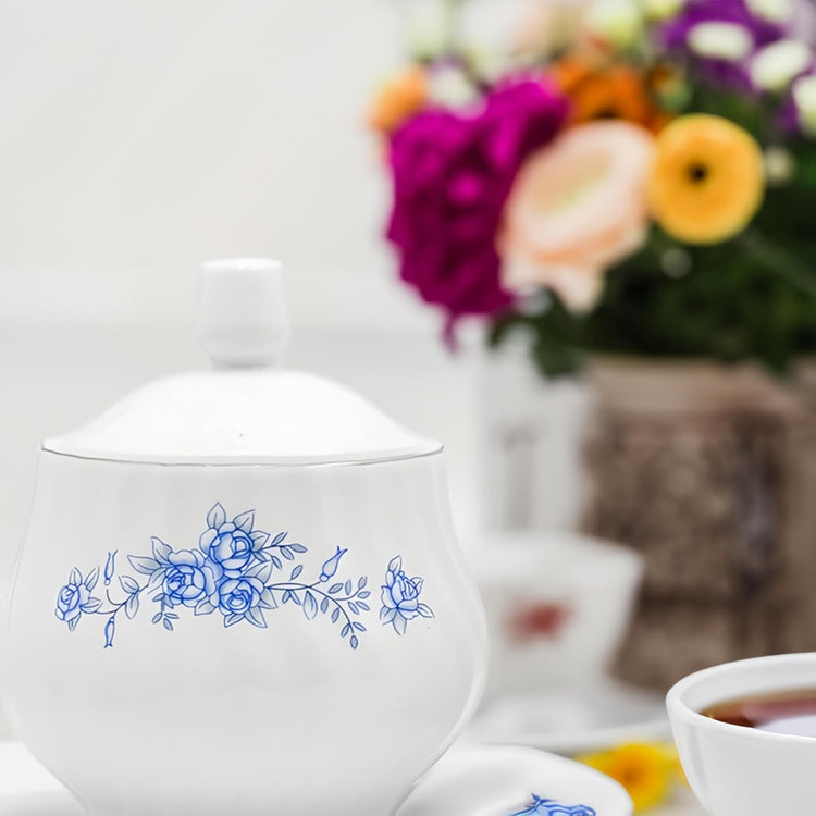 Sugar and Creamer Set - Porcelain Sugar and Creamer Floral Vintage Tea Set with Silver Trims & Embossed Swirls - Exquisite Fine China Tea Set for Parties & Celebrations - Royal Rose Set by Lynns