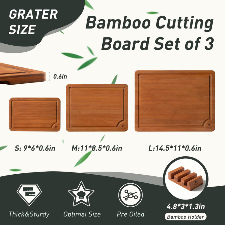 3 Packs Bamboo Cutting Board Set with Non Slip Feet Holder and Over Sink Nice Solid Thick Wood Juice Groove Chopping Board Extra Large Big Small Best Hardwood Kitchen Organic Vegetable Meat BBQ Kit (3 Count)