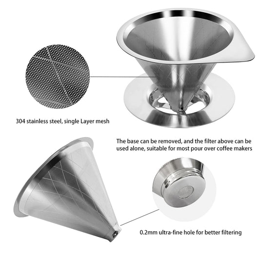 Pour Over Coffee Dripper Reusable Coffee Filter Paperless Coffee Filter Stainless Steel Pour Over Coffee Maker Cone Coffee Dripper for 1