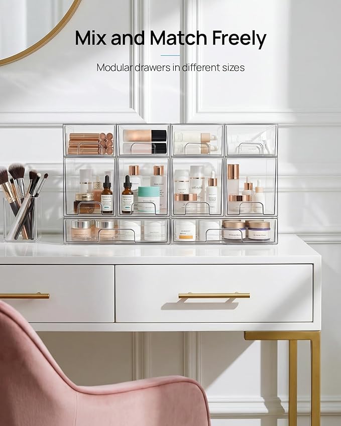Vtopmart 8 Pack Small Clear Stackable Storage Drawers,Acrylic Bathroom Makeup Organizer,Plastic Storage Bins For Vanity, Undersink, Kitchen Cabinets, Pantry, Home Organization