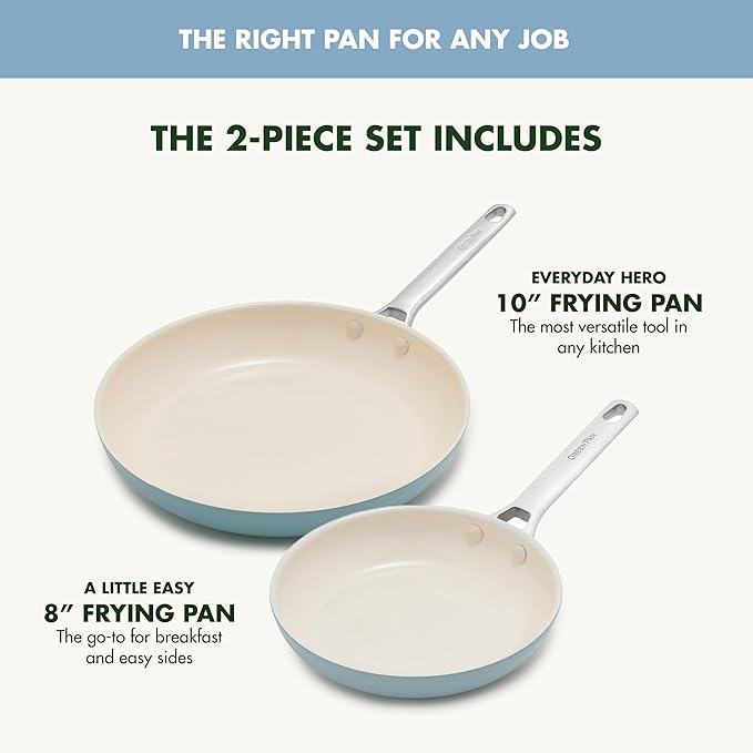 GreenPan Padova Pro 8" and 10" 2 Piece Frying Pan Skillet Set, Hard Anodized Healthy Ceramic Nonstick PFAS-Free Cookware, Induction Suitable, Stainless Steel Handle Dishwasher and Oven Safe, Blue Haze
