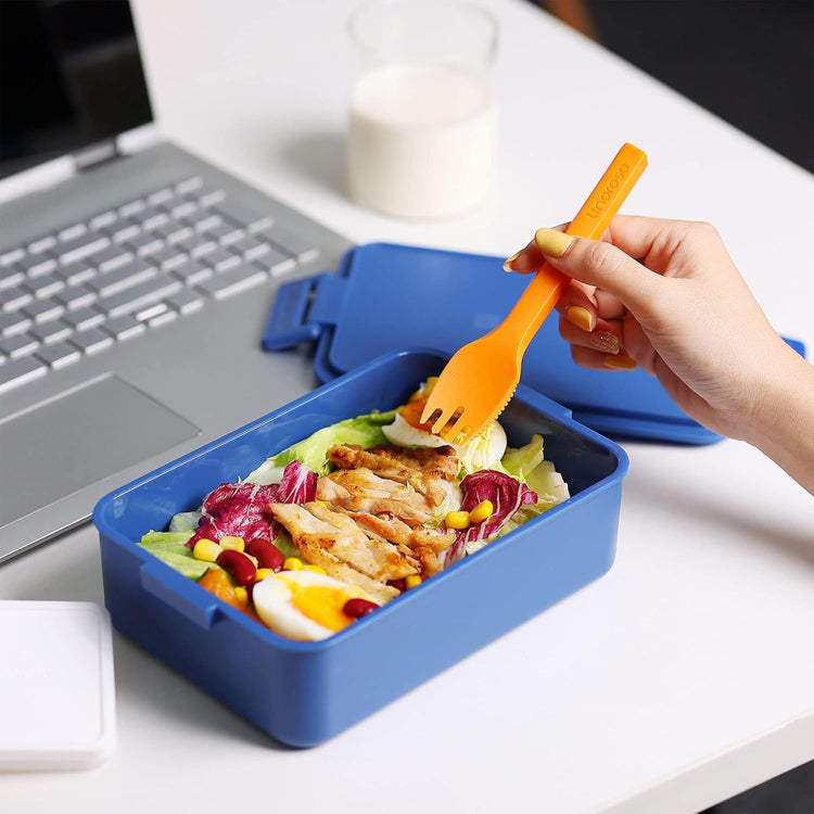 linoroso Stackable Bento Box Adult Lunch Box | Meet All You On-the-Go Needs for Food, Salad and Snack Box, Premium Bento Lunch Box for Adults Include Utensil Set, Dressing Containers - Classic Blue