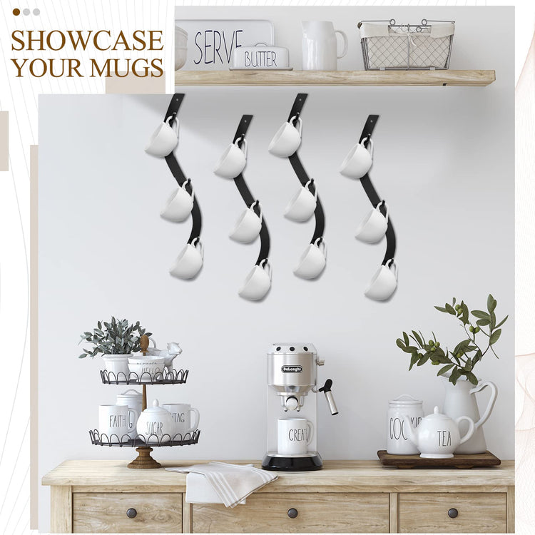 4 Pack Coffee Mug Wall Rack Mounted with 12 Hooks S Curve Metal Coffee Cup Rack Wall Hanging Holder for Bar Kitchen Corner Station Decor Display (4 Count)