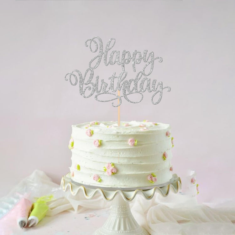1 PCS Happy Birthday Cake Topper Glitter Happy Birthday Cake Pick for Celebrating Happy Birthday Anniversary Party Cake Decorations Supplies Silver