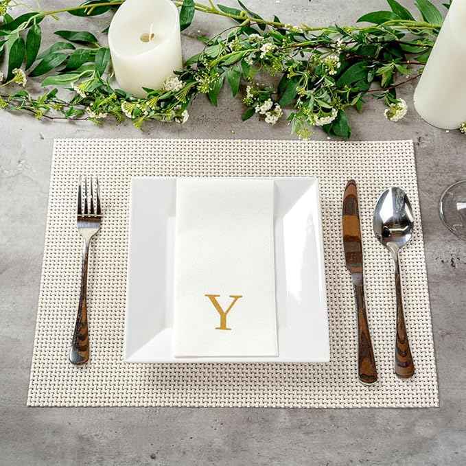 Luxenap 15.8 X 7.9 Inch Linen-Feel Guest Towels, 2000 Lettered Hand Towels - Gold Letter 'Y', Sans Serif Font, White Paper Dinner Napkins, airlaid, For Restrooms And Tables - Restaurantware