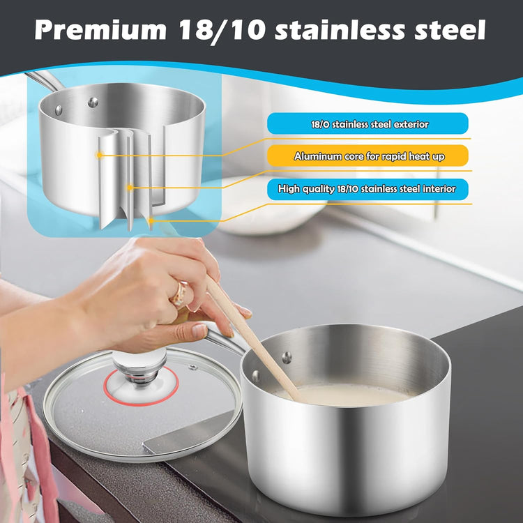 E-far 2-Quart Saucepan, Tri-Ply Stainless Steel Sauce Pan with Glass Lid, Small Cooking Induction Pot Compatible with All Cooktops, Non Toxic, Oven & Dishwasher Safe