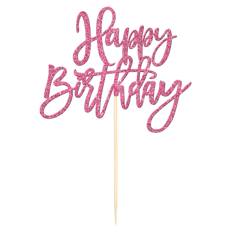 1 PCS Happy Birthday Cake Topper Glitter Happy Birthday Cake Pick for Celebrating Happy Birthday Anniversary Theme Party Cake Decorations Supplies Pink