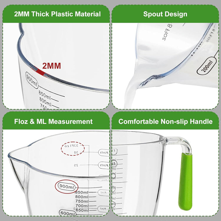 Plastic Measuring Cups Set, 3Pcs BPA Free Stackable Clear Measuring Cup with Spout and Angled Grip Handle, Includes 1 Pint, Oz, ML Measurement for Kitchen Cooking