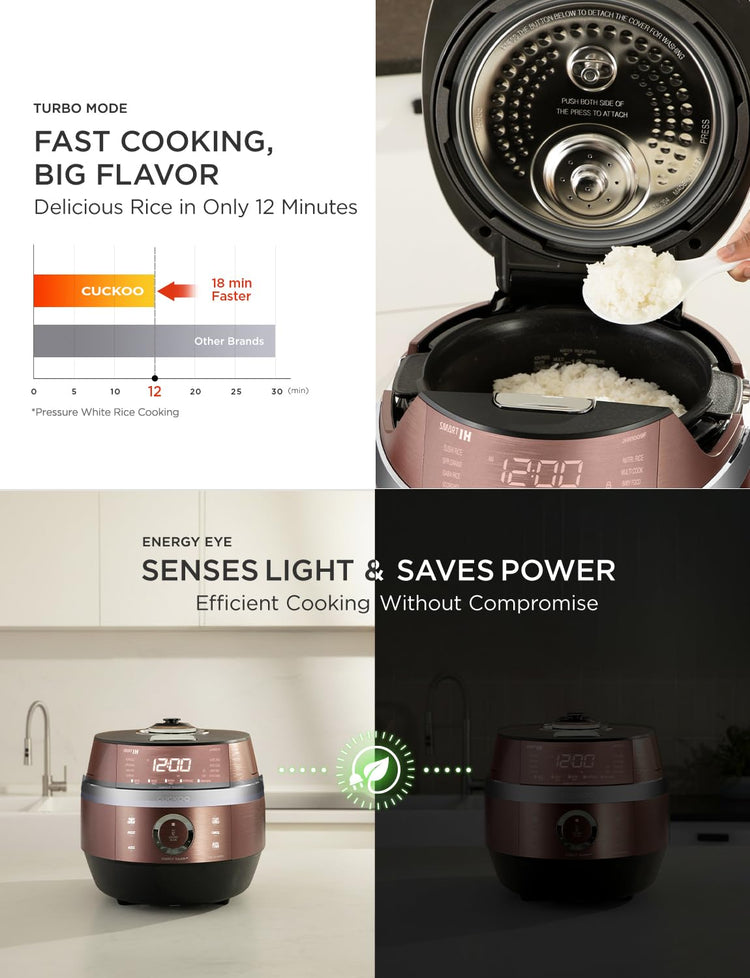 CRP-JHR1009F | 10-Cup (Uncooked) Induction Heating Pressure Rice Cooker | 19 Menu Options, Auto-Clean, Voice Guide, Made in Korea | Copper