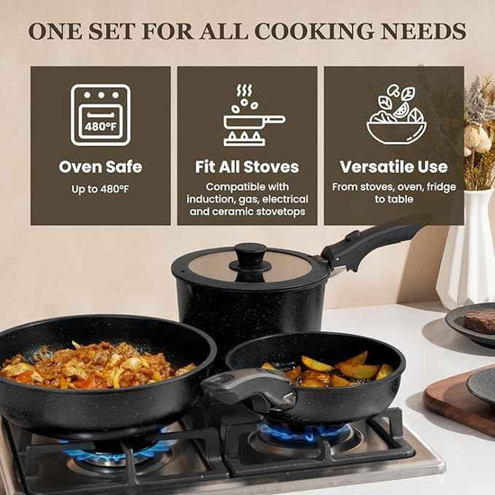 KIKCOIN 20 Pcs Pots and Pans Set Non Stick, Detachable Handle Cookware Sets Nonstick, Non Toxic Induction RV Kitchen Cooking Set with Removable Handles, Dishwasher/Oven Safe, Easy Clean (Black)