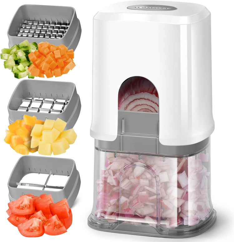 KEOUKE Multifunctional Vegetable Chopper White - 3 Interchangeable Blades Potato French Fry Cutter with Container & Storage Box Food Chopper Dicer for Cucumber, Tomato, Carrot, Onion