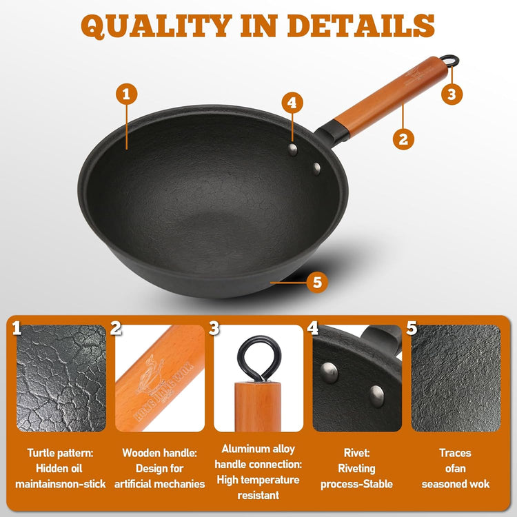 Nonstick Frying Wok Pan Hybrid, 11 Inch Preseasoned Deep Stir Fry Pan Skillet with Glass Lid, Traditional Chinese Cast Iron Wok, No Coated Saucepan for Induction, Electric, Gas, Grill Stoves