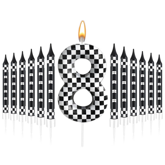 13 Pcs Racing Cars Themed Birthday Candles Black and White Race Number 8 Checkered Candle Cake Topper for Racing Car Party Decoration Supplies (13 Count)