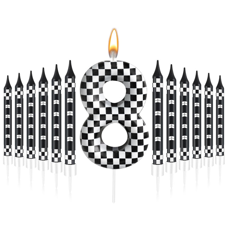 13 Pcs Racing Cars Themed Birthday Candles Black and White Race Number 8 Checkered Candle Cake Topper for Racing Car Party Decoration Supplies (13 Count)