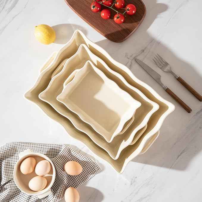Sweejar Casserole Dishes for Oven, Ceramic Bakeware Set of 3, Rectangular Baking dish with Handles, Wave Edge Lasagna Pan Deep for Cooking, Cake, Dinner, Banquet and Daily Use (Beige)