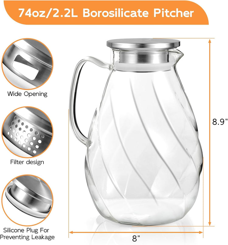 DRASTAR Glass Pitcher with Lid, 2.2L Water Pitcher, 74oz Tea Pitcher for Drinks, Borosilicate Glass Water Jug Cold Or Hot Beverages, Lemonade Pitcher, Glass Water Carafe With Lid