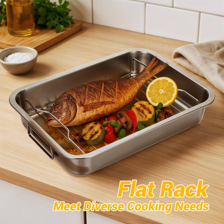Heavy Duty Stainless Steel Roasting Pan with Rack & Handle for Oven