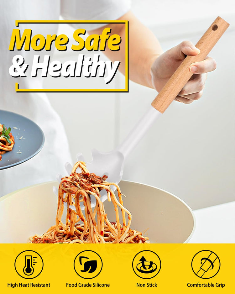 Silicone Pasta Fork and Ladle Spoon Set with Wooden Handle (2 Count)