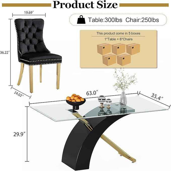 7 Piece Glass Dining Table Set for 6, 63" Modern Kitchen Table with 6 Black Velvet Chairs, Tempered Glass Tabletop with Black X-Shaped MDF Base, Modern Dining Room Set for Kitchen and Dining Room