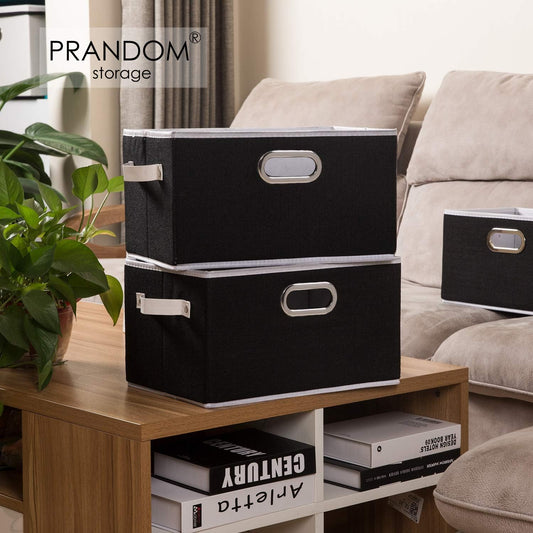 PRANDOM Larger Collapsible Storage Bins for Closet [3-Pack] Decorative Linen Fabric Storage Baskets Cubes with Leather/Metal Handles for Living Room Black (17.3x12.2x10.4 Inch)