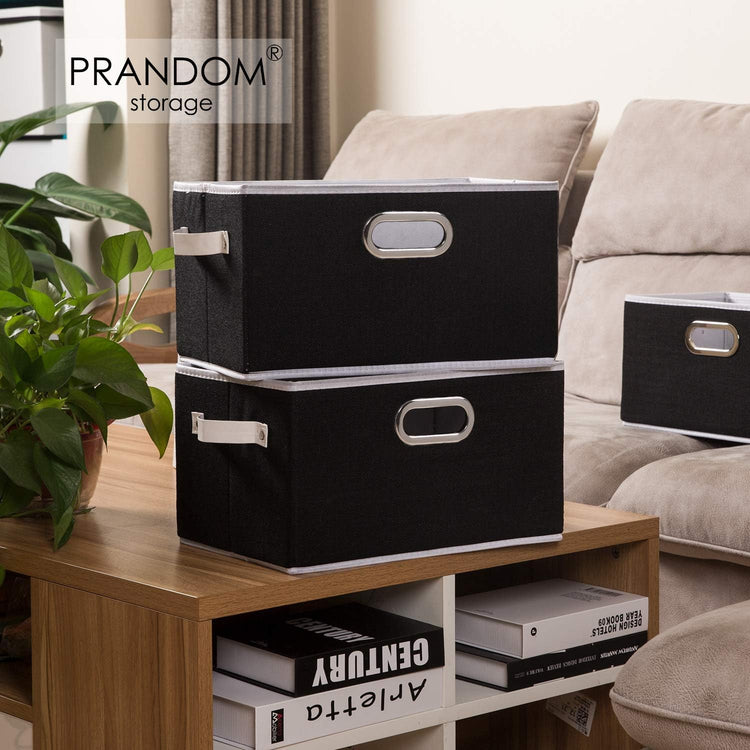 PRANDOM Larger Collapsible Storage Bins for Closet [3-Pack] Decorative Linen Fabric Storage Baskets Cubes with Leather/Metal Handles for Living Room Black (17.3x12.2x10.4 Inch)