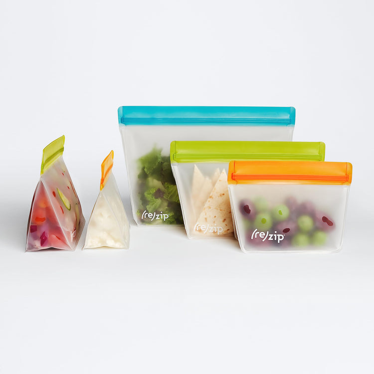 re) zip 5-Piece Stand-Up Pack n Go Reusable Bag Kit, BPA-Free, Food Grade, Leakproof, Freezer and Dishwasher Safe, Quart (1), 2-Cup (2), Snack (2) - Multicolor