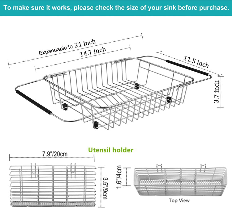 iPEGTOP Expandable Dish Drying Rack Organizer and Utensil Cutlery Holder, 304 Stainless Steel Over Sink Dish Rack, Dish Drainer in Sink or On Counter, Rustproof